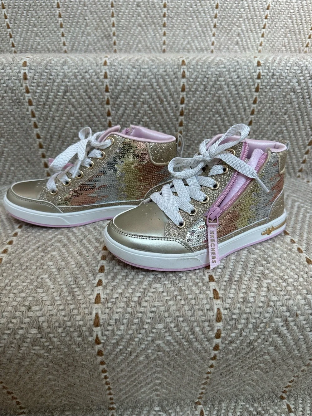 Skechers Girls Gold Sequin High-Top Sneakers with Pink Accents